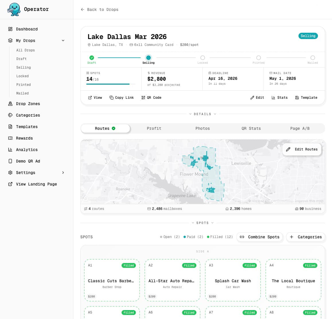 SpotDrops operator dashboard showing drop management, spot grid, and analytics