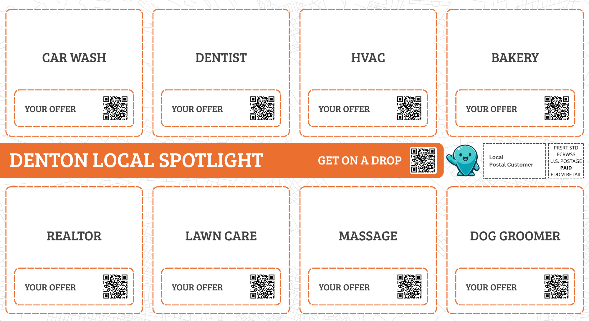 SpotDrops community card demo showing how local businesses share one oversized postcard