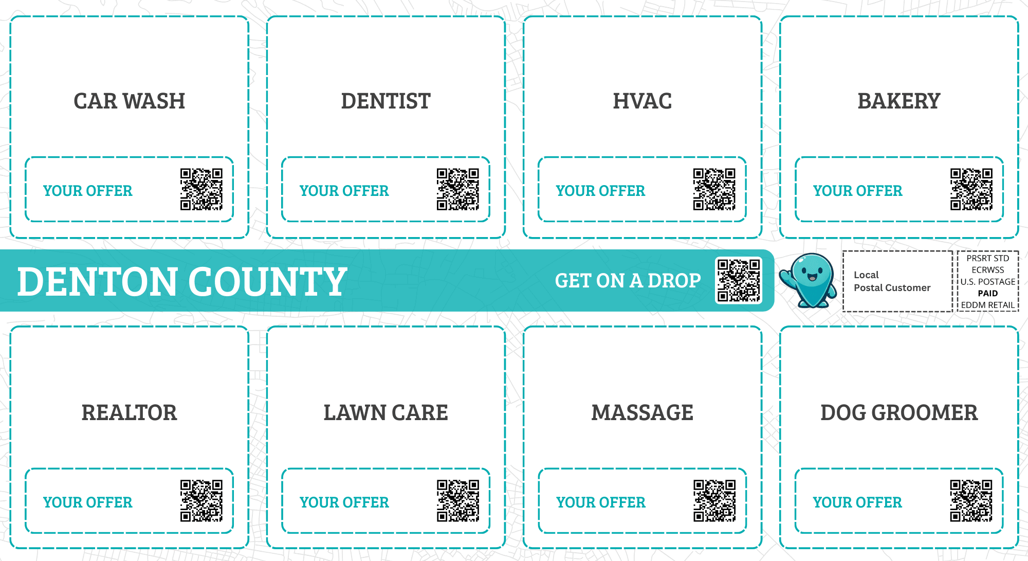 SpotDrops community card demo showing how local businesses share one oversized postcard