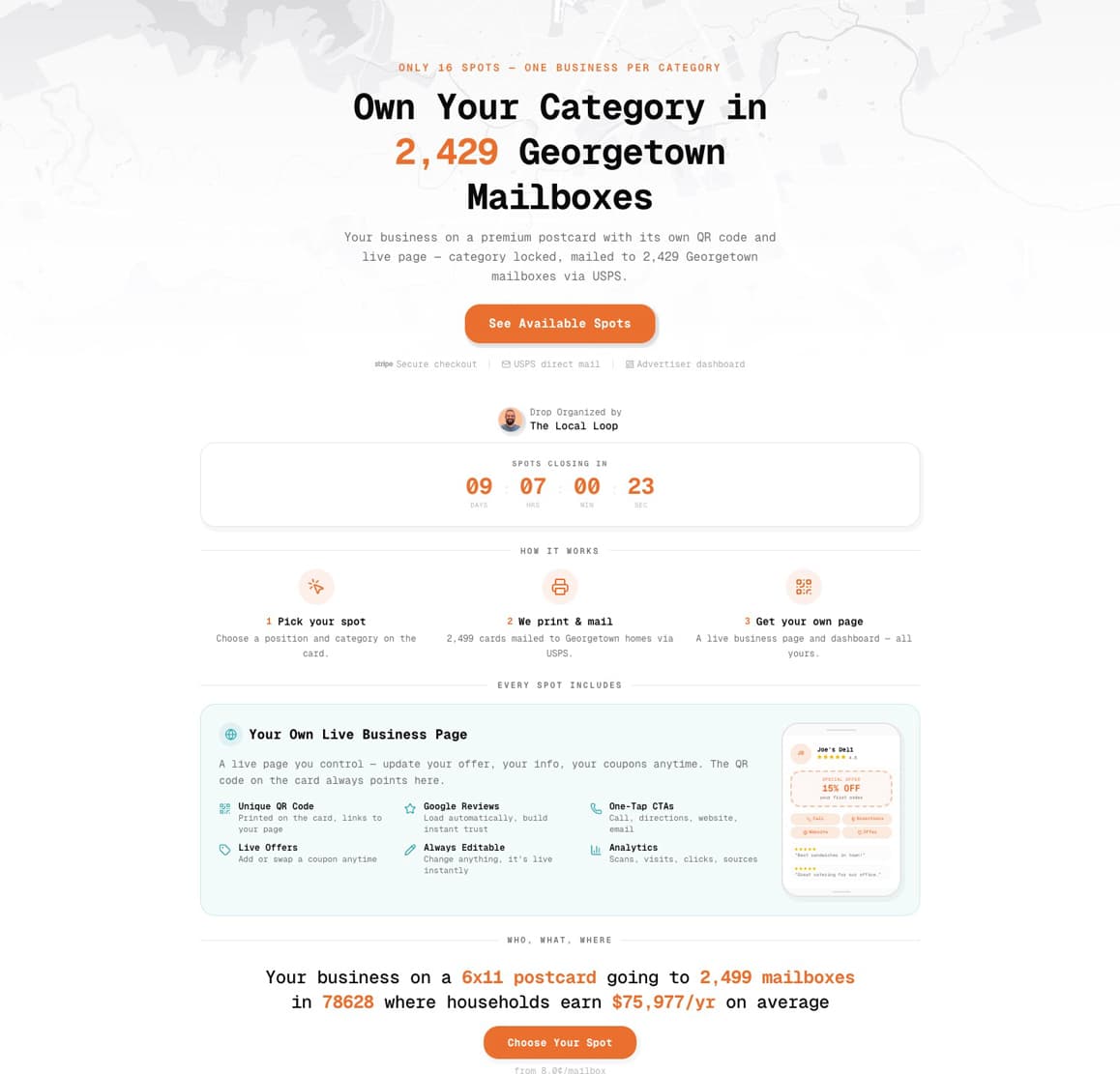SpotDrops public drop page where advertisers browse and purchase spots